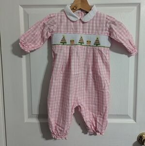 Smockingbird Girls Baby Romper Size 24 Month Toddler Pink Holiday Tree Gift